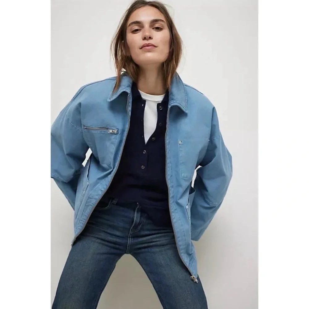 Free People Oversized Cotton Chore Jacket Light Blue XS